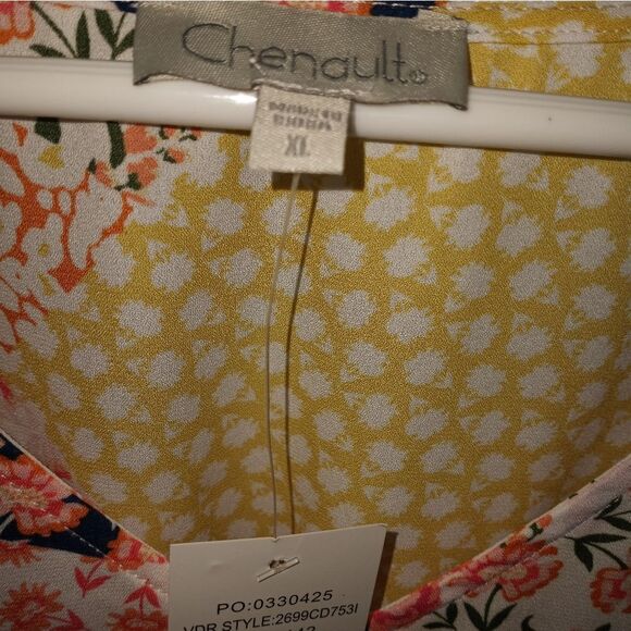 Chenault XL PinkBlueYellowPatchwork FloralPrintElasticWaist ShrtSlvV-Nec Blouse. - Picture 2 of 9
